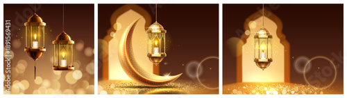 Ramadan decorative posters in gold colors. Vector crescent moon, glowing lanterns and candles shining. Golden bokeh sparkles with traditional Islamic motifs and decorations. Elegant festive symbols