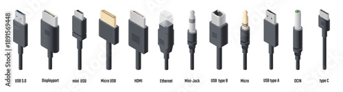 Various cable ports set. Vector isometric USB and mini, micro and different types connectors. Connection kinds and electronic interface. Adapters and technology, device setup elements