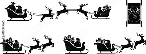 Santa Claus silhouette collection with reindeer pulling sleigh full of gift boxes flying across sky for Christmas Eve celebration and winter holiday graphic project.