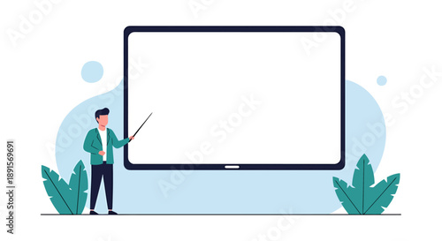 Man Standing Before Blank Digital Display Screen Presenting Information With Pointer Stick Surrounded By Greenery And Abstract Shapes for Education