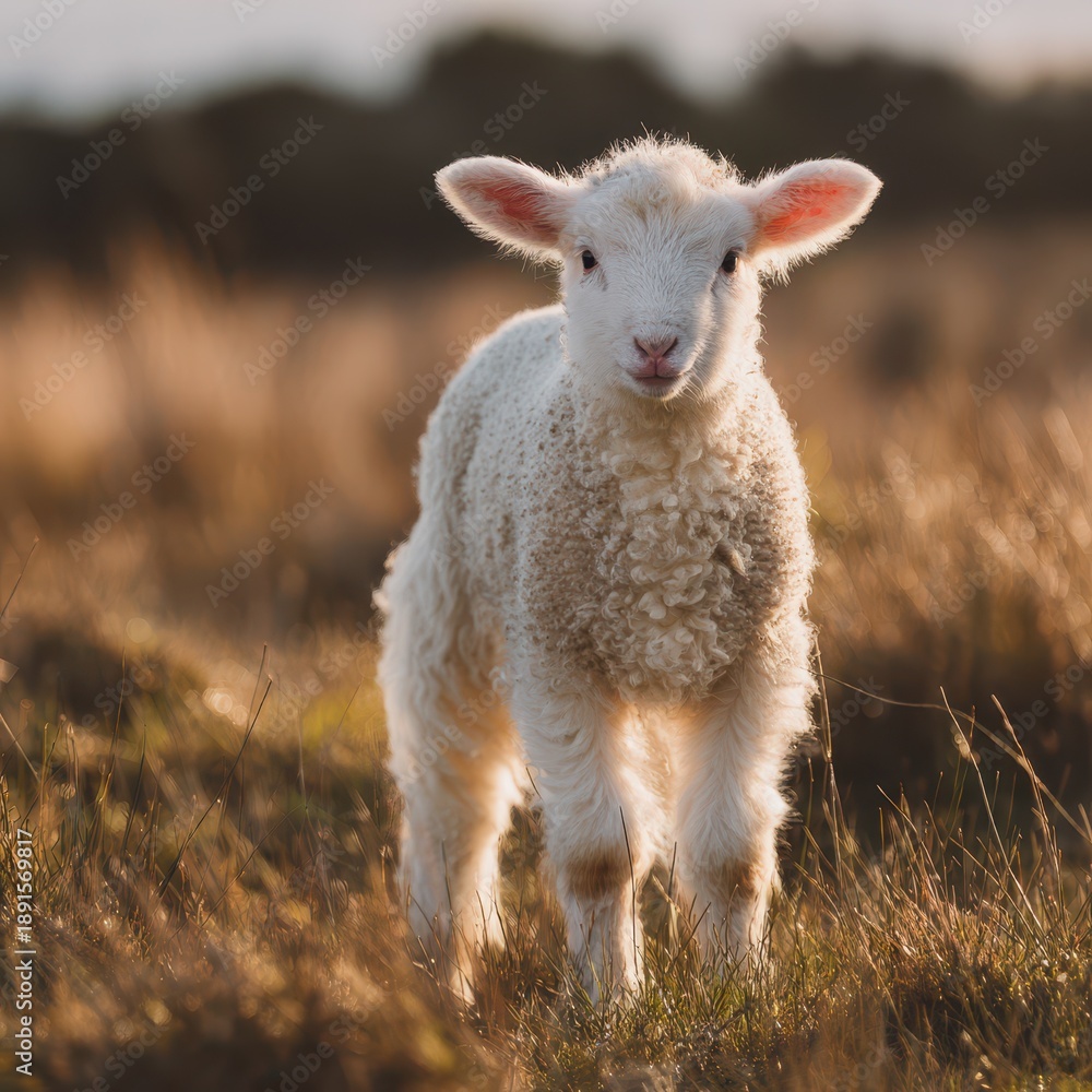 Naklejka premium Newborn lamb with fluffy fleece in a tranquil rural field at dawn