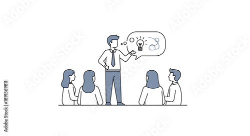 Business team meeting with leader sharing new concept and ideas in a discussion dialog bubble representing innovation and brainstorming for progress