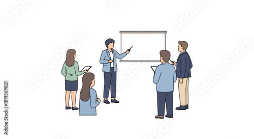 Male instructor presents on blank whiteboard to group of attendees in a business meeting setting for education and training purposes
