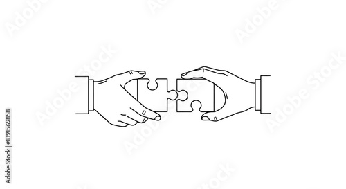 Two hands connect puzzle pieces together symbolizing teamwork and problem solving in business and partnerships creative concept line art drawing