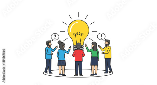 Diverse group collaborating around a bright idea bulb symbolizing innovation and brainstorming sessions leading to creative solutions
