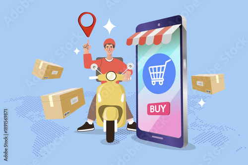 Fast delivery service with courier riding yellow scooter and smartphone. Online shopping logistics concept with location pin, parcel boxes, and mobile application for express shipping.