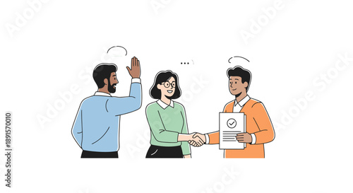 Diverse businesspeople finalizing an agreement with contract handshake and high five celebration concept