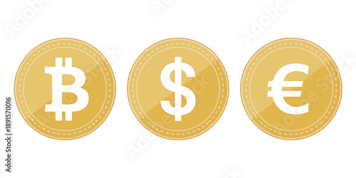 Three Gold Coins with Bitcoin Dollar and Euro Symbols