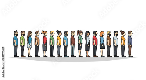 Diverse group of people standing in a single line facing one direction on a plain background representing community and organization