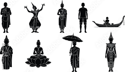 Southeast Asian Cultural Silhouettes Showing Traditional Dancers, Monks, Performers and Daily Life Scenes, Black Vector Illustration Set for Heritage, Religion, Folklore and Cultural Identity Concepts