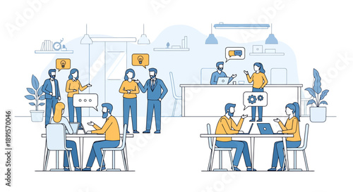 Diverse professionals collaborate and brainstorm ideas in a modern shared workspace with technology and communication symbols