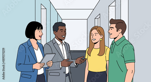 Diverse Group Of Professionals Discussing In Office Hallway Meeting Collaboration Teamwork And Business Discussion