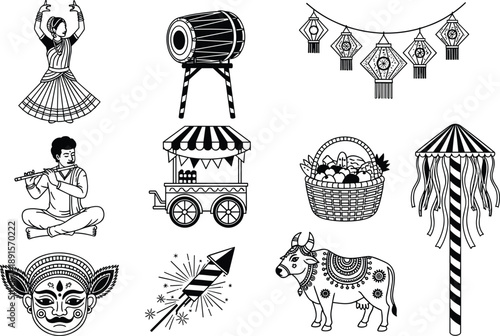 Traditional Indian Festival Icons Set Featuring Folk Dance, Drum, Lanterns, Musician, Street Cart, Harvest Basket, Mask, Firecracker, Cow and Decorative Pole Vector Illustration
