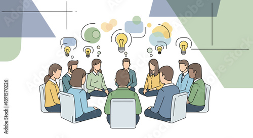 Diverse group of professionals collaborating and sharing ideas in a circular meeting space for business innovation and strategy development