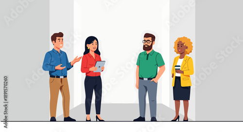 Diverse professionals engaged in a collaborative discussion within a modern office corridor sharing ideas and working together