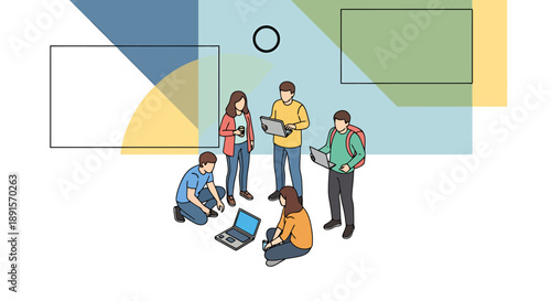 Diverse group of people collaborating and working together with laptops in a modern abstract creative space presenting ideas and planning projects