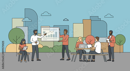 Diverse team collaborating on a business project outdoors with city buildings and trees in the background showcasing data analysis and presentation