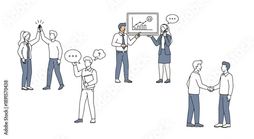 Businessmen and businesswomen collaborating in various team activities and professional interactions showing teamwork growth and communication over