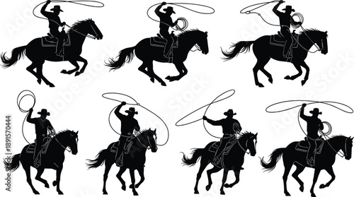 Western cowboy lasso silhouettes riding horse collection, dynamic rodeo action poses, American ranch culture illustration set isolated on white background vector design clipart