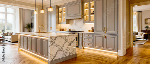 Luxurious grey kitchen interior with marble island, modern cabinetry, and warm ambient lighting, showcasing high-end home design and elegance.