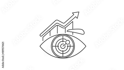 Clean line icon depicting vision, targeting, and strategic focus in business and digital marketing. The eye symbol combined with analytical elements represents insight, monitoring performance, goal al