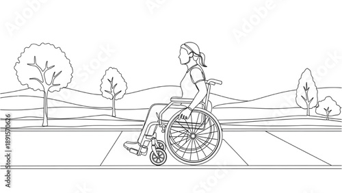 High-Quality Continuous Line Art of Wheelchair User Navigating Smooth Barrier-Free Pathway