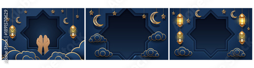 Paper cut style posters set. Vector islamic traditional elements. Crescent moon and clouds, glowing lanterns and raised hands for dua within decorative frame. Luminous golden motifs for greeting cards
