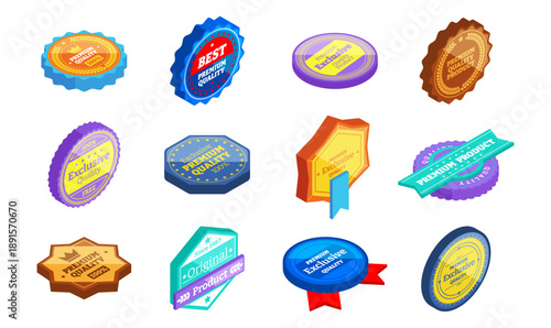 Premium quality badges in various shapes. Vector isometric star and round, hexagon and diamond labels forms. Logotypes for package products. Emblem or sticker for brands or organizations