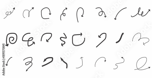 Doodle spiral arrows set. Hand drawn arrows. Design quirky twist line, curve wave arrow. . Vector illustration ........