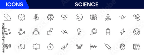Science and research line icons collection. Big UI icon set in a flat design. Thin outline icons pack. Vector illustration