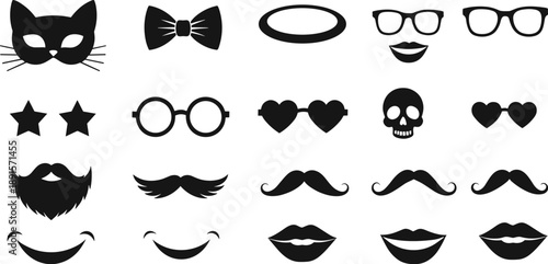 Photo booth props silhouette icons set with masks glasses mustaches lips hearts skull and facial accessories isolated