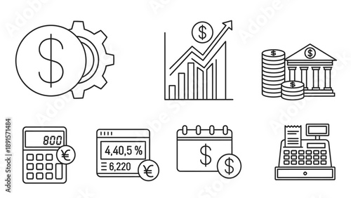Professional line icon illustration representing financial analytics, business growth, and performance monitoring. The design includes upward charts, percentage indicators, calendars, and monetary sym