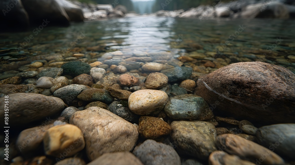 Obraz premium Close up of clear water flowing over a colorful textured rocky riverbed in a natural environment