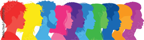 Colorful silhouettes of diverse people with different hairstyles people, silhouettes, colorful, diverse, hairstyles, heads, profiles, rainbow, diversity, inclusion, equality, colorful people silhouett
