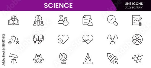 Science and research line icons collection. Big UI icon set in a flat design. Thin outline icons pack. Vector illustration