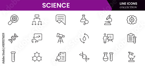 Science and research line icons collection. Big UI icon set in a flat design. Thin outline icons pack. Vector illustration