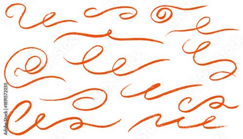 Red brush swashes and flourishes. Crayon swooshes, curly lines, squiggles. Hand drawn flourish divider collection. Vector elegant curly swishes and  swirls. Charcoal or pencil drawn wavy lines
