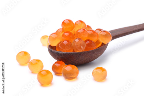 Red salted caviar with wooden spoon