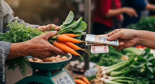 A customer is buying fresh carrots at a market, paying with cash