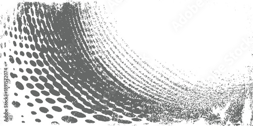 Grey halftone dots and speckles forming a curved abstract pattern on white background