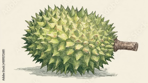 Illustrated ripe durian fruit with spiky green shell and brown stem.