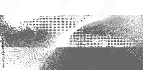Abstract grayscale halftone pattern with textured noise and curved lines