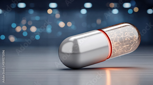 Futuristic capsule pharmaceutical medicine technology healthcare innovation digital science glowing