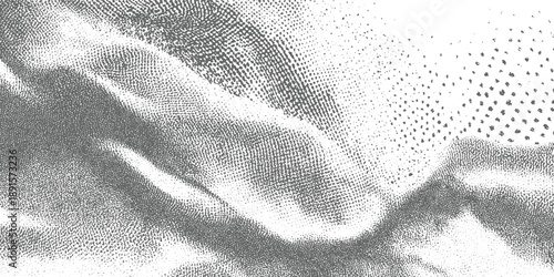 Abstract grayscale halftone pattern with flowing fabric texture and scattered dots