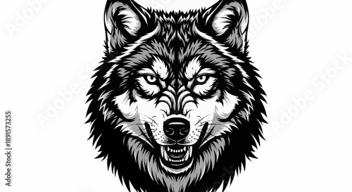 Fierce Wolf Head Illustration Black and White.