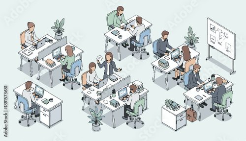 Office Workspace Team Collaboration Flat Vector Illustration