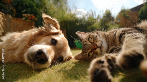 Playful dog and cat lying on their backs and playing together in a sunlit outdoor lawn