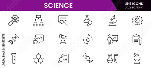 Science and research line icons collection. Big UI icon set in a flat design. Thin outline icons pack. Vector illustration