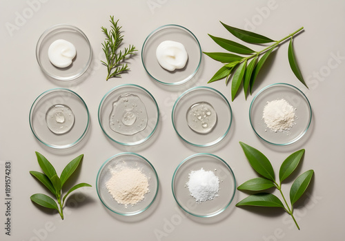 Natural cosmetic ingredients and skincare formulations. Lab dishes hold creams, liquids, powders, botanical extracts for beauty product development