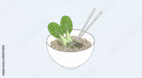 Bowl of noodles with bok choy and chopsticks.